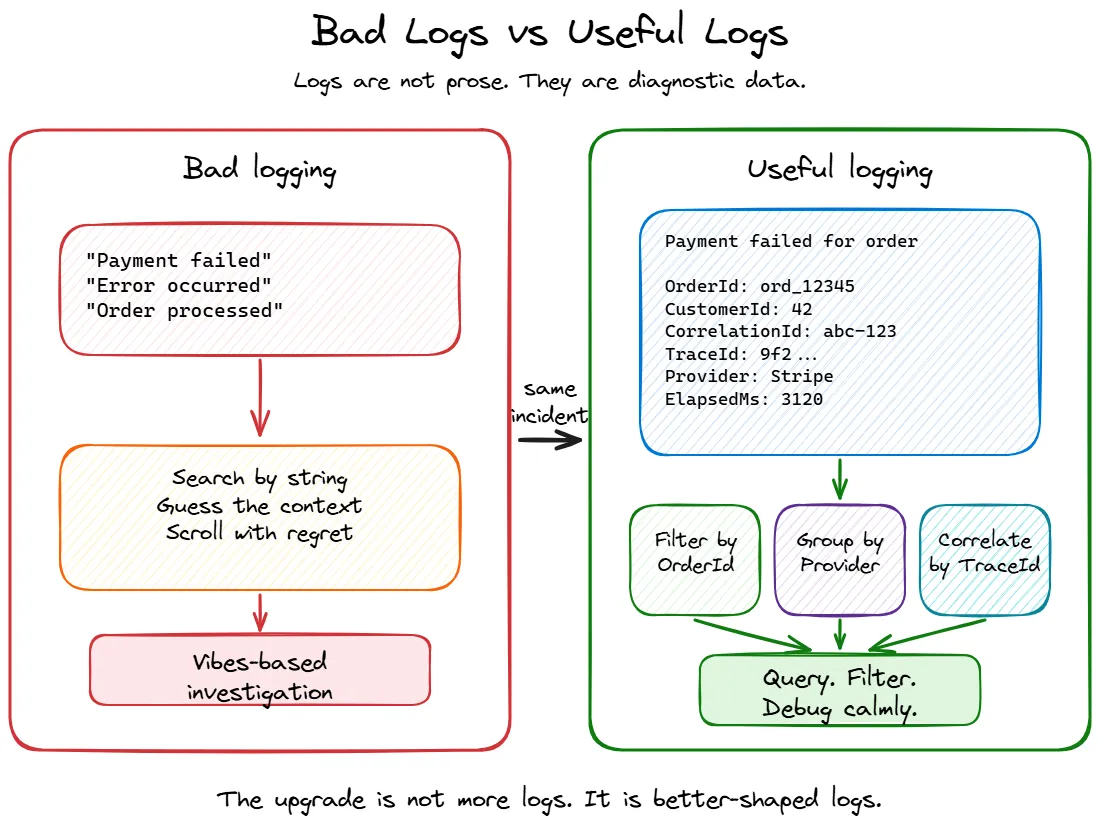 Bad logs compared with useful structured logs