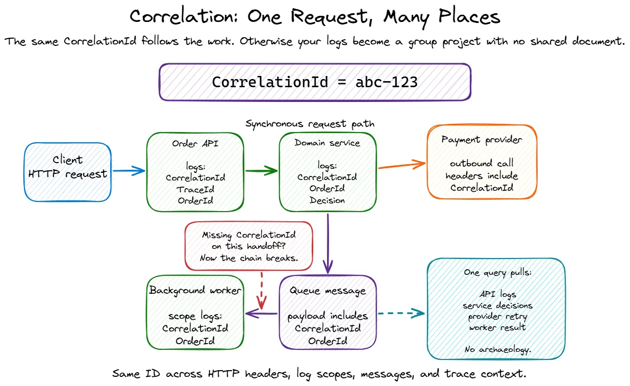 Correlation ID flowing across an HTTP request, API, service, queue, and background worker